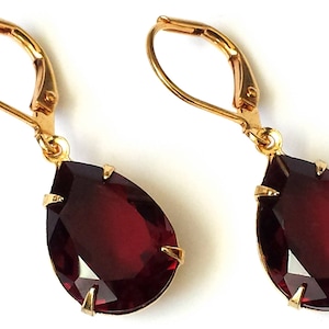 Beautiful Garnet Teardrop Earrings, Garnet Crystal Earrings, Gold Drop Earrings, Jewelry Gifts, Garnet Rhinestone Earrings, Gift for Her