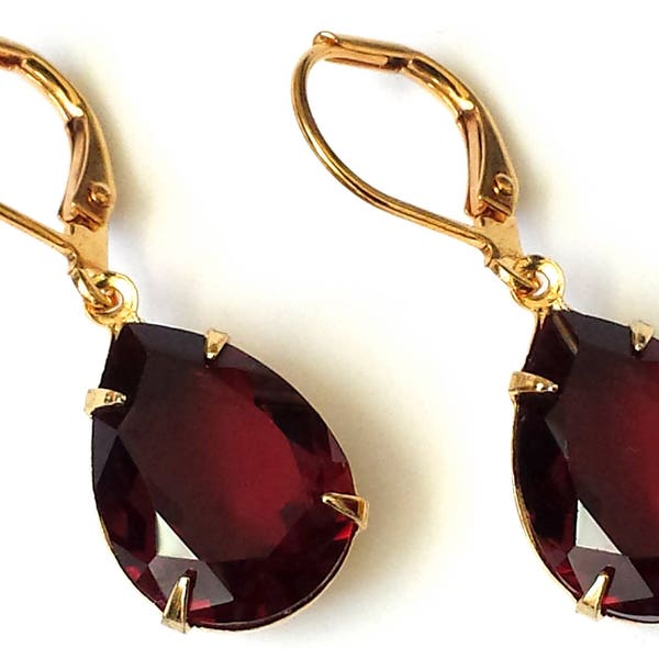 Beautiful Garnet Teardrop Earrings, Garnet Crystal Earrings, Gold Drop Earrings, Jewelry Gifts, Garnet Rhinestone Earrings, Gift for Her