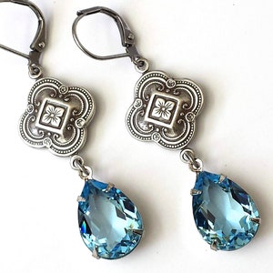 Aquamarine Crystal Teardrop Earrings: Antique Silver Bridesmaids Jewelry