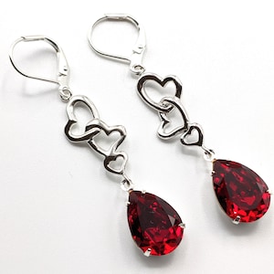 Sparkling Red Heart Crystal Earrings, Long Dangle Earrings, Silver Drop Earrings, Red Teardrop Earrings, Jewelry Gifts, Red Heart Earrings