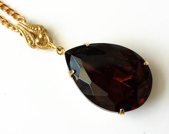 Dark Topaz Pendant Necklace - Dark Brown Rhinestone Necklace - Art Deco Necklace - Vintage Dark Topaz Rhinestone Gold Necklace