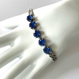 Sapphire Crystal Bracelet, Double Curb Chain Bracelet, Vintage Brides Jewelry, Elegant Antique Silver Bracelet, Christmas Holiday Gifts
