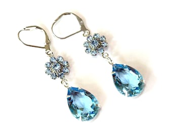 Licht Saphir Kristall Teardrop Ohrringe: Art Deco Stil, baumeln, Schmuck Geschenk, klassischer Vintage inspiriert