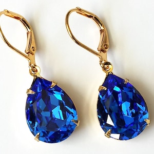 Sapphire Crystal Teardrop Earrings, Sapphire Crystal Earrings, Blue Crystal Rhinestone Earrings, Bridesmaids Jewelry Gifts, Blue Earrings