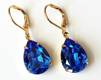 Sapphire Crystal Teardrop Earrings, Sapphire Crystal Earrings, Blue Crystal Rhinestone Earrings, Bridesmaids Jewelry Gifts, Blue Earrings