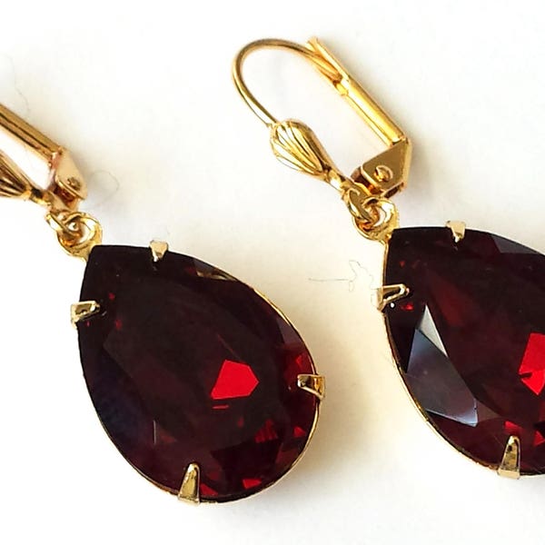 Garnet Teardrop Earrings, Garnet Crystal Earrings, Garnet Red Rhinestone Earrings, Anniversary Gift, Prom Jewelry, Gift for her Jewelry Gift