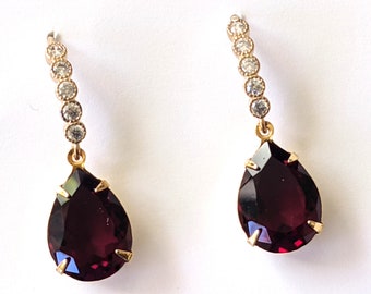Garnet Teardrop Crystal Earrings: Gold Rhinestone Dangle Earrings, Elegant, Anniversary, ArtistInJewelry