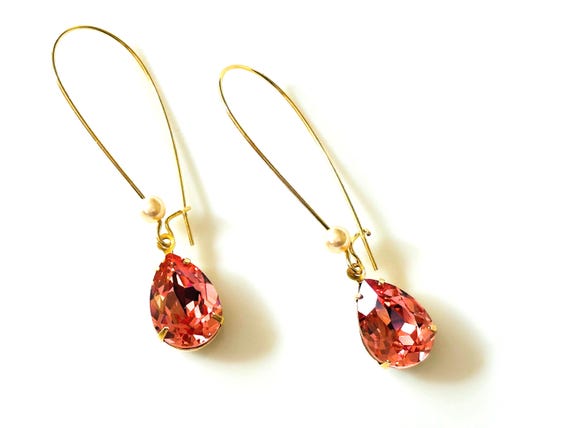 Boucles D'Oreilles Goutte D'Eau Plaqué Or Avec Cristal Rose - Pendantes Dormeuses - Neuf