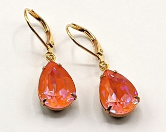 Amazing Orange Glow Crystal Earrings, Orange Teardrop Earrings, Bridesmaids Gift , Orange Rhinestone Earrings, Small Crystal Earrings
