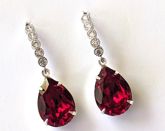 Red Crystal Teardrop Earrings: Silver Rhinestone Dangle Earrings
