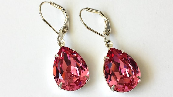 Boucles D'oreilles Pendantes Goutte D'eau - Plaqué Or Et Cristal Rose - Fermoir Dormeuse - Neuf