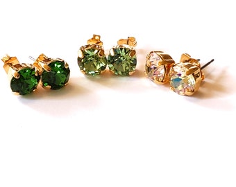 Green Stud Earrings, Crystal Rhinestone Earrings, Set of 3 Earrings, Bridesmaids Gifts, Fern, Peridot, Luminous Green Earrings