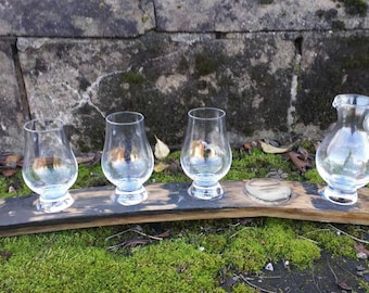 Whisky barrel stave tasting tray with bung with 4 Glencairn glasses and water jug-whiskey flight tray - Barrel stave tray for whisky glasses