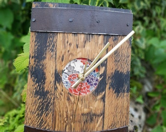 Whisky Barrel Tabletop Clock with Japanese Kimono Silk