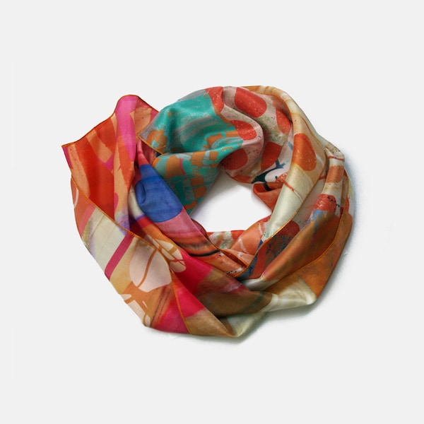 Lightweight scarf digital print with modern design, orange silk scarf, colourful casual chic cool scarves for neck, silk gifts ideas for her
