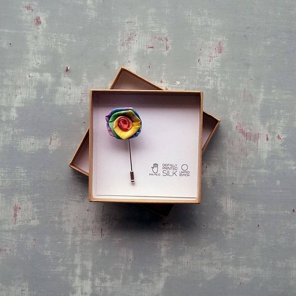 Flower lapel pin gay pride flag, gay wedding boutonniere, silk lapel flower jewellery, gay marriage gift, rainbow flag, LGBT gay valentine