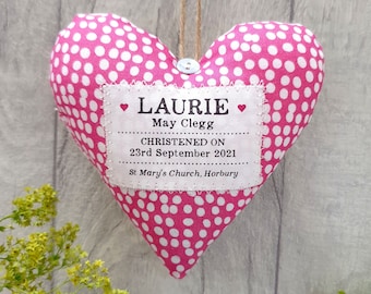Girl's Christening / Baptism Gift - Personalised Heart - Choice of Fabric - Gift Boxed