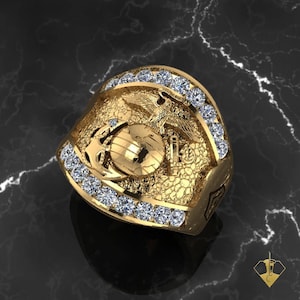 10k Yellow Gold Marine Corps Ring with Moissanite Stones