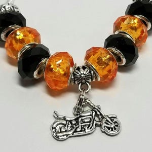 Harley Davidson Inspired European Bracelet * Ladies Biker Bracelet * Motorcycle Bracelet for Ladies * Motorcycle / Wing Feather Charms