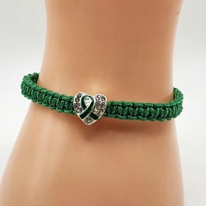 Green Awareness Microcord Bracelet with Green Ribbon Rhinestone Heart Bead / Mental Health Awareness / Cerebral Palsy / Liver Cancer / TBI