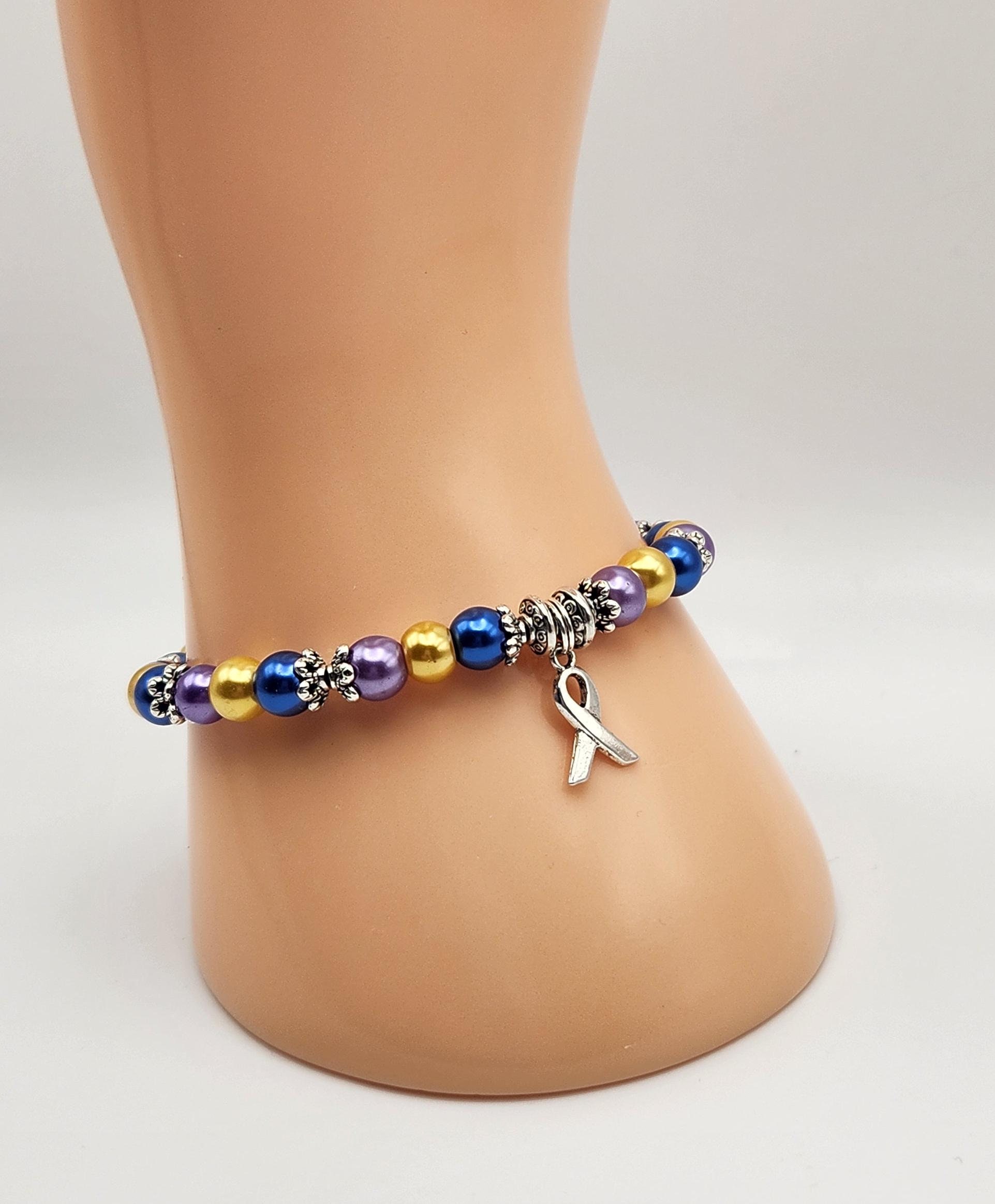 Bladder Cancer Awareness Bracelet – Support Jewelry for Survivors and Caregivers - Purple, Blue, and Gold Awareness Beaded Stretch Bracelet