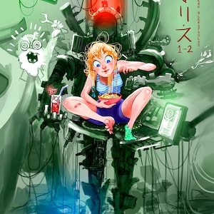 May include: Digital illustration of a young person eating noodles while seated in a futuristic mechanical structure. The artwork features a vibrant color palette with green, blue, and red accents. Text in Japanese and English is visible in the upper right corner.