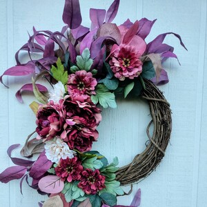 Fall Plum Peony Cottage Style Wreath With Long Eucalyptus, Purple Fall Wreath, Statement Wreath, Fall Wreath, Fall Eucalyptus Wreath
