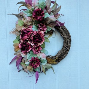 Fall Cottage Style Wreath, Plum Peony, Fall Peony, Fall Greenery, Long Eucalyptus Wreath, Cottage Wreath, Purple Fall Floral Wreath, Plum