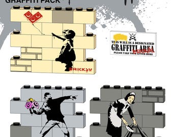 May include: A set of three LEGO brick art models inspired by famous graffiti art. The models feature a girl with a red balloon, a man throwing flowers, and a woman cleaning up graffiti. The models are made of LEGO bricks and are designed to be displayed on a wall or shelf. The set includes instructions for building the models.