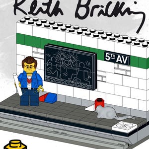 May include: A Lego model of a subway station with a black and white artwork on the wall. The artwork is by Keith Haring and features dancing figures. The station is labeled "5th AV". A Lego figure of a man with a pencil and a red and blue shirt is standing in front of the artwork. The Lego model is part of the "Art MOC | Series Two" collection.