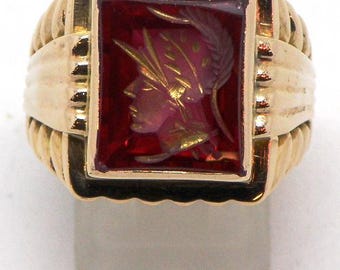 14k Yellow Gold Men's Intaglio Ruby Red Carved Stone Ring
