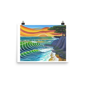May include: A painting of a sunset over a beach with waves crashing on the shore. A lone tree stands on a cliff overlooking the ocean. The sky is a mix of orange, yellow, and red.