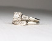 Beautiful Retro Bridal Set - 14K White Gold Matching Wedding Engagement Rings