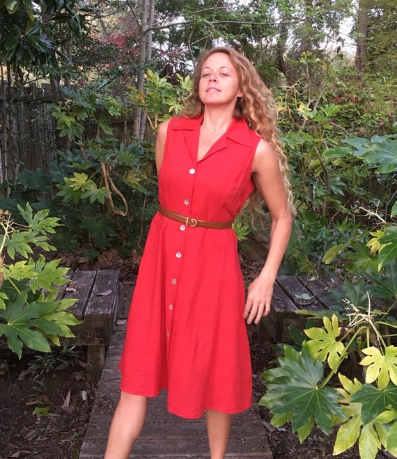 red dress with buttons down the front