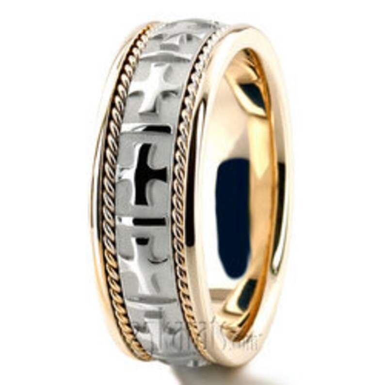 Unisex Two Tone Cross Religious Christian Wedding Band Men's Wedding Ring Women's Religious Ring