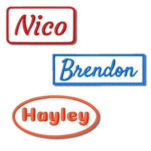 May include: Three embroidered name patches: "Nico" in red on a red-bordered rectangle, "Brendon" in blue on a blue-bordered rectangle, and "Hayley" in orange on an orange oval.