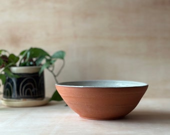 Handmade ceramic mixing bowl, salad bowl, raw clay exterior with white speckle glaze interior