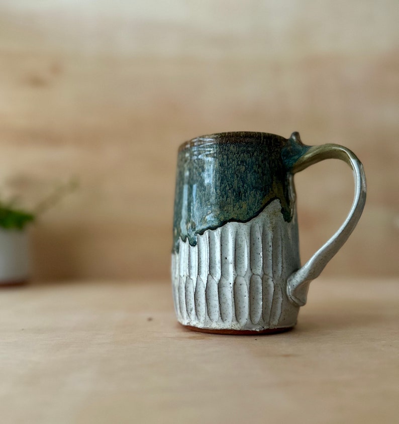 Handmade ceramic 16 ounce mug, mantra mug, white mug, carved mug, bright colorful glaze image 1