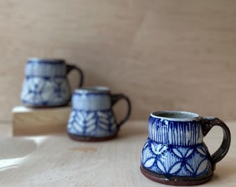 Unique Handmade Ceramic Mug | 16oz, blue and white, simplistic design