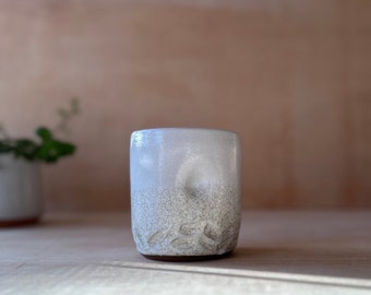 Handmade ceramic 12 ounce tumbler, speckled white glaze with a  white interior glaze