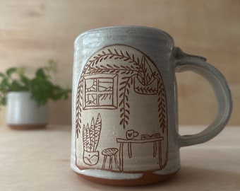 Handmade ceramic 12 ounce mug, plant love mug, plant mug, handmade plant mug