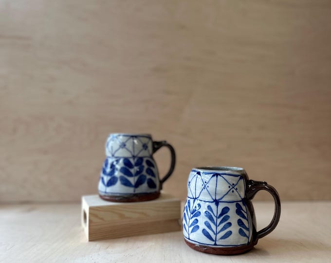 Unique Handmade Ceramic Mug | 16oz, blue and white, simplistic design