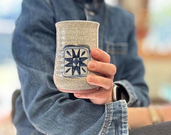 Unique Handmade Ceramic tumbler| 16oz, blue and white, simplistic design