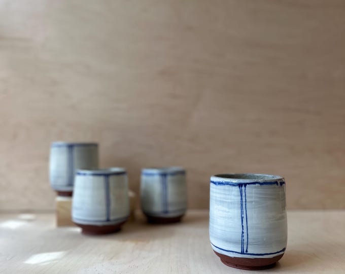 Unique Handmade Ceramic tumbler| 12oz, blue and white, simplistic design