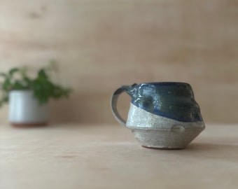 Handmade ceramic 8oz mug, speckle glaze, blue drips, perfect coffee cup