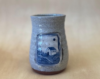 Unique Handmade Ceramic tumbler| 16oz, blue and white, simplistic design