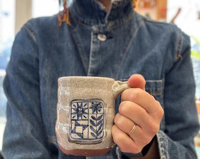Unique Handmade Ceramic Mug | 12 oz, blue and white, simplistic design