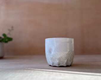 Handmade ceramic 8 ounce tumbler, speckled white glaze with a  white interior glaze