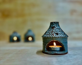 Cozy handmade pottery house candle holder, used for tea lights or incense...a perfect pair for the winter season and Solstice celebrations