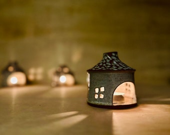 Cozy handmade pottery house candle holder, used for tea lights or incense...a perfect pair for the winter season and Solstice celebrations